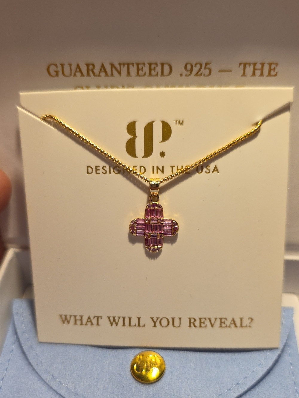 BP Vermeil Gold Pink Cross Pendant Necklace